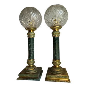 Vintage Art Deco Style Crystal Globe Brass Torch Lamps - a Pair