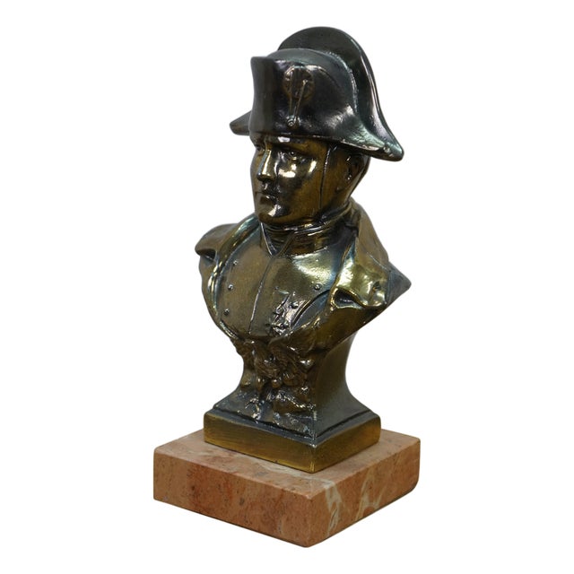 Cast Spelter Metal Bust of Napoleon Library Statue Paperweight Marble Base 7" For Sale