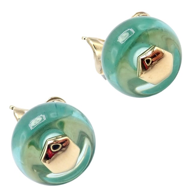 Teal Vintage Marina B Yellow Gold Pneu Crystal Earrings, A Pair For Sale - Image 8 of 14