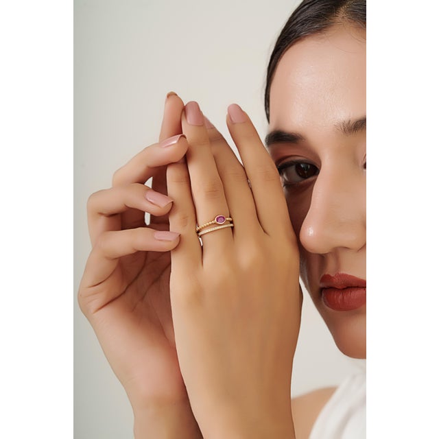 Not Yet Made - Made To Order Ruby & Diamond Beaded Double Band Stacking Ring Size 6.5 Set in 14k Yellow Gold For Sale - Image 5 of 16