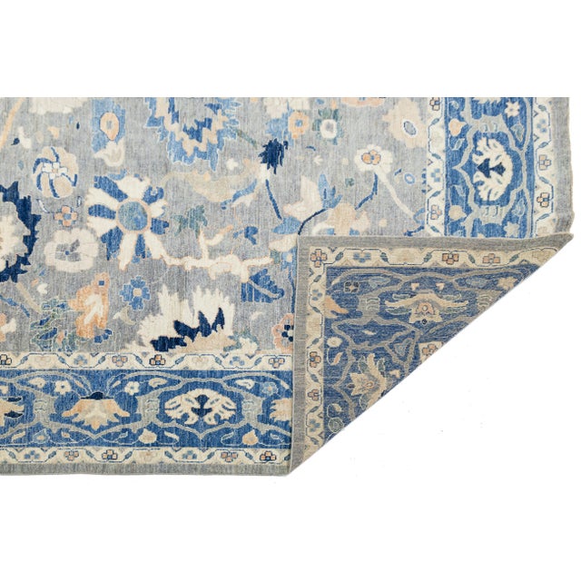 12x15 Modern Floral Oushak Style Wool Area Rug in Muted Slate Blue For Sale - Image 4 of 11