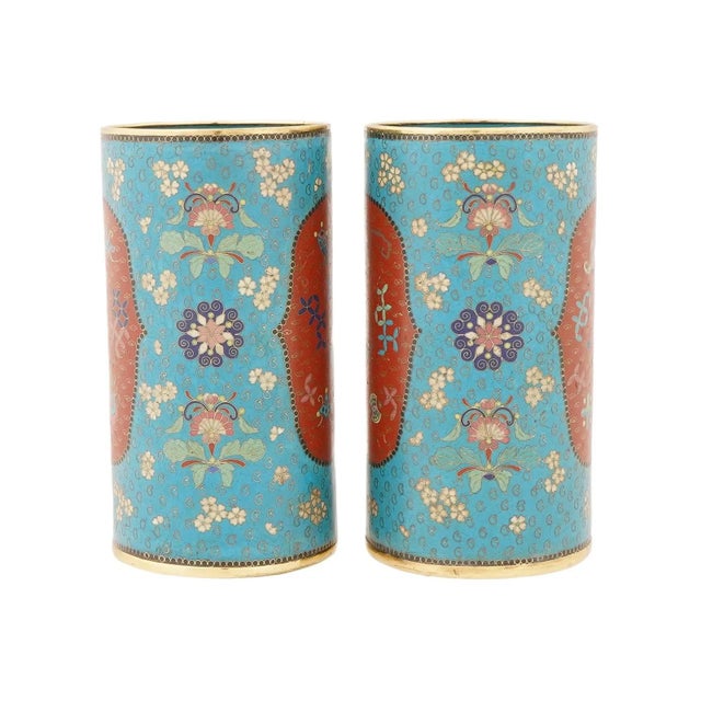 An antique Japanese Meiji era cloisonne enamel brush pots or vases are exquisite examples of traditional Japanese...