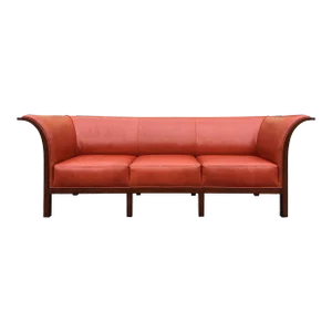 1990s Red Leather & Mahogany Sofa in the Style of Frits Henningsen