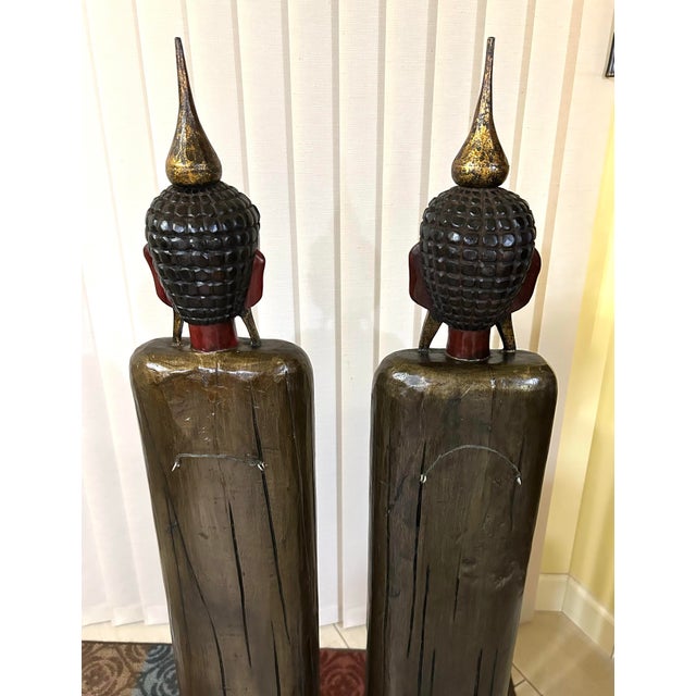 Pair of Vintage Wooden Standing Buddha Statues For Sale - Image 4 of 9
