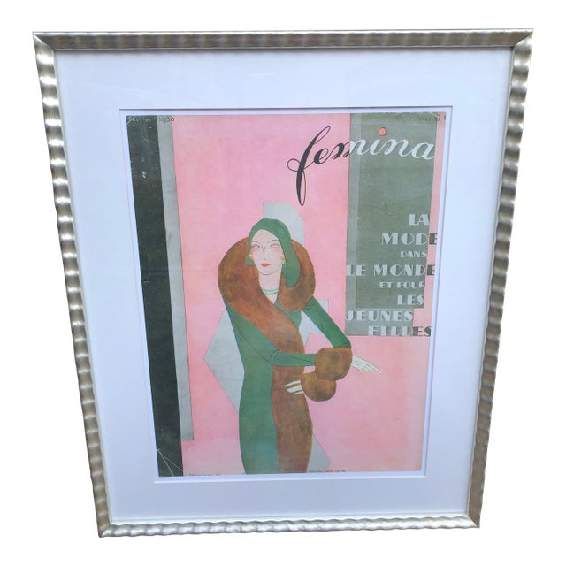 Original 1930 Femina French Art Deco Fashion Magazine Cover, Framed & Matted — Février (February) For Sale