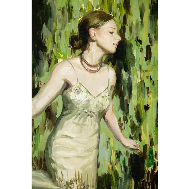 Realism Garden Wind by Nadezda | Oil on Panel Woman in a flowing dress against a green background. For Sale - Image 3 of 5