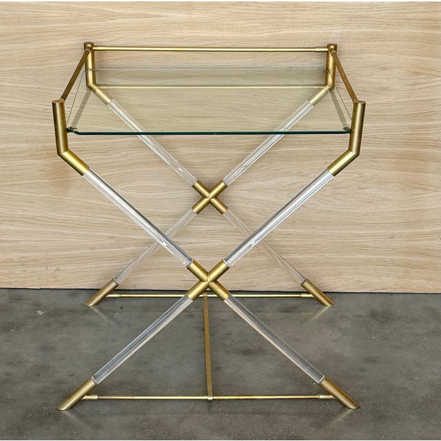 Mid Century Modern Serving or Side Table in Brass and Lucite with X Form For Sale - Image 18 of 18