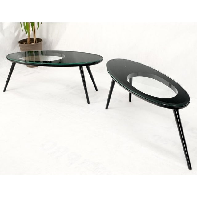 Mid 20th Century Pair Glass Top Black Lacquer Oval Pierced Shape Solid Tops End Side Tables Stand For Sale - Image 6 of 12