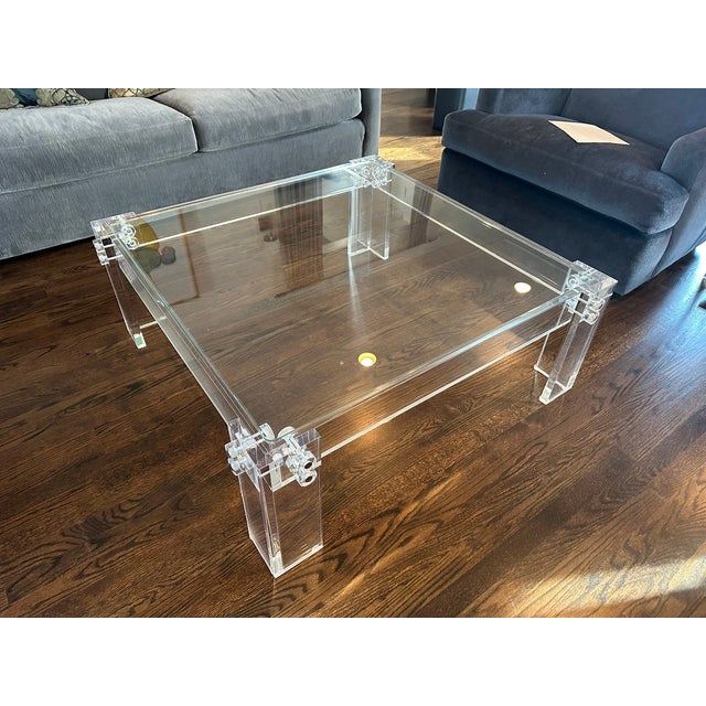 Glass Transitional Thick Polished Lucite Base Glass Top Square Coffee Table Merchandise Mart For Sale - Image 7 of 11