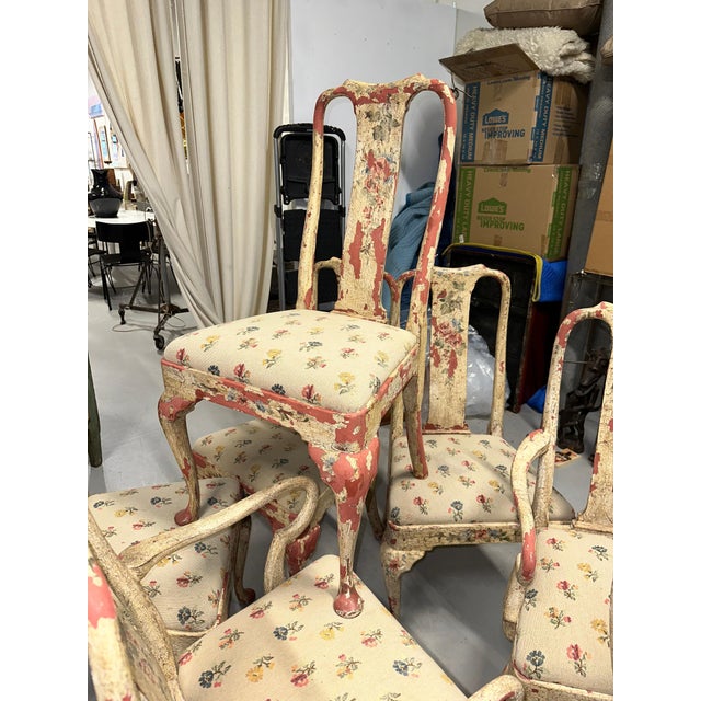 Early 20th Century Set of 8 Painted Chippy Dining Chairs with Needlepoint Floral Seats For Sale - Image 16 of 18