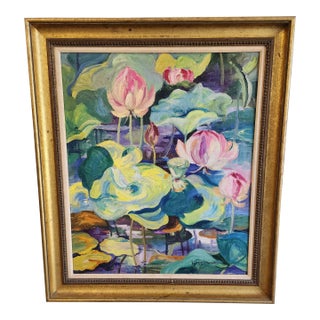 Early 20th Century "Lotus in Forest Park" by Edith F. Marsden, Oil on Canvas For Sale