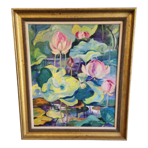 Early 20th Century "Lotus in Forest Park" by Edith F. Marsden, Oil on Canvas