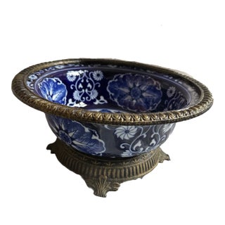 1960s Large Bombay Blue & White Flowered Design Porcelain With Brass Rim/Base Decorative Bowl For Sale