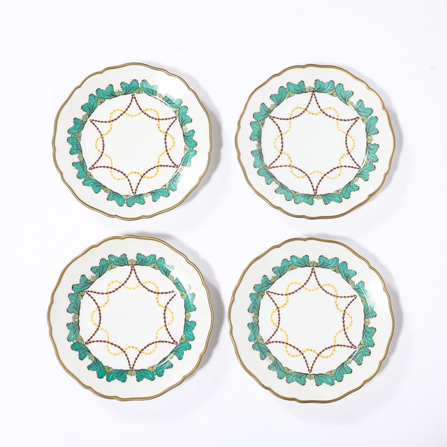 Hutscheneruther Set of 16 Turquoise & 24k Gilt Border Porcelain Dinner Plates by Hutschenreuther For Sale - Image 4 of 16
