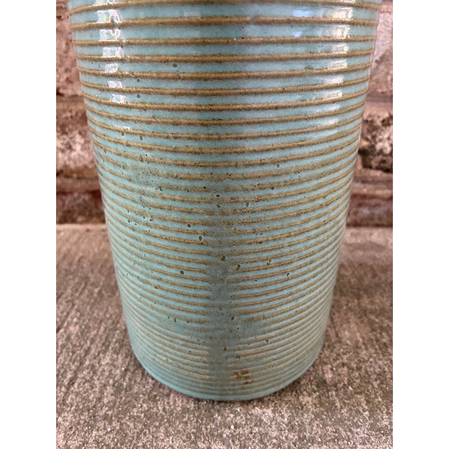 2010s Tall Ribbed Pottery Vase, Turquoise For Sale - Image 5 of 13