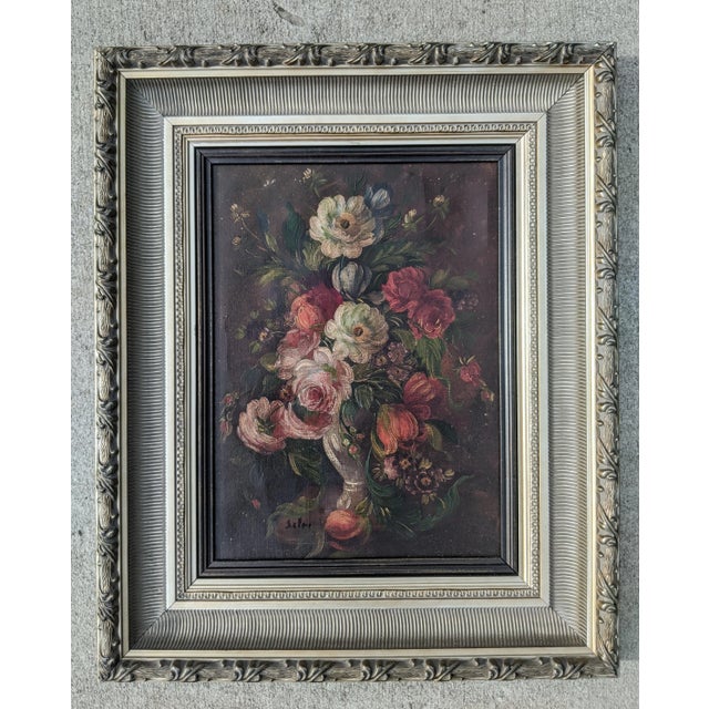 Antique Dark Academia Style Still Life Botanical Oil Painting on Canvas featuring a Large Bouquet of Flowers in an Urn...