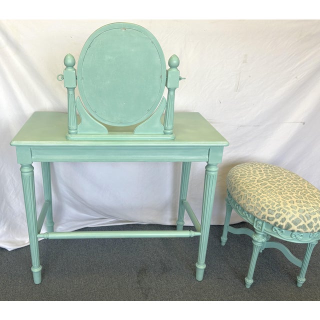 Blue Vintage Vanity With Coordinating Stool Painted in an Ethereal Blue With New Upholstery For Sale - Image 8 of 18
