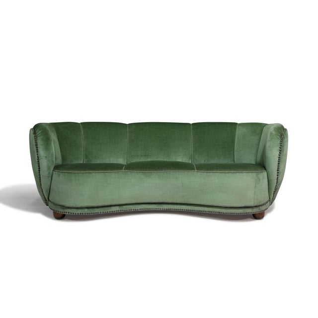 Mid-Century Modern Flemming Lassen 1930s Danish Deco Curved Back Settee in Original Green Mohair For Sale - Image 3 of 13