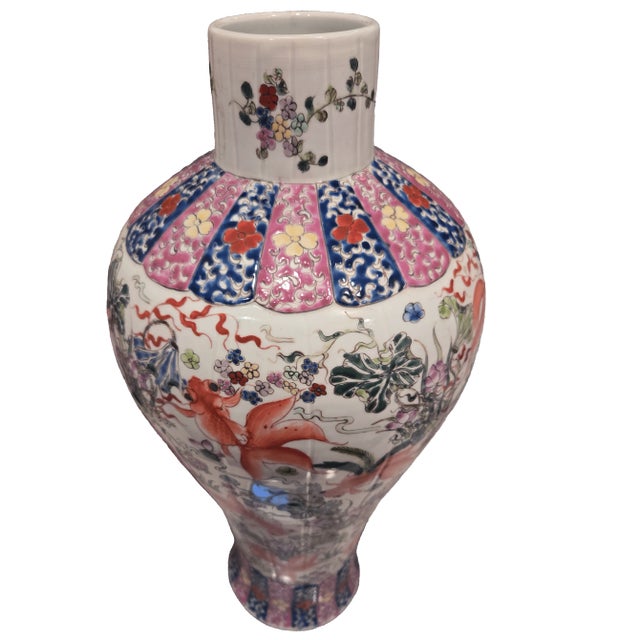 Chinese Large Antique Chinese Famille Rose Vase With Goldfish & Lotus – Lidded Temple Jar For Sale - Image 3 of 11