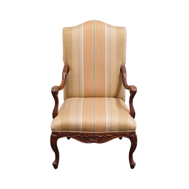 French Provincial Henredon Furniture Solid Mahogany Louis XV French Provincial Upholstered Accent Arm Chair For Sale - Image 3 of 14