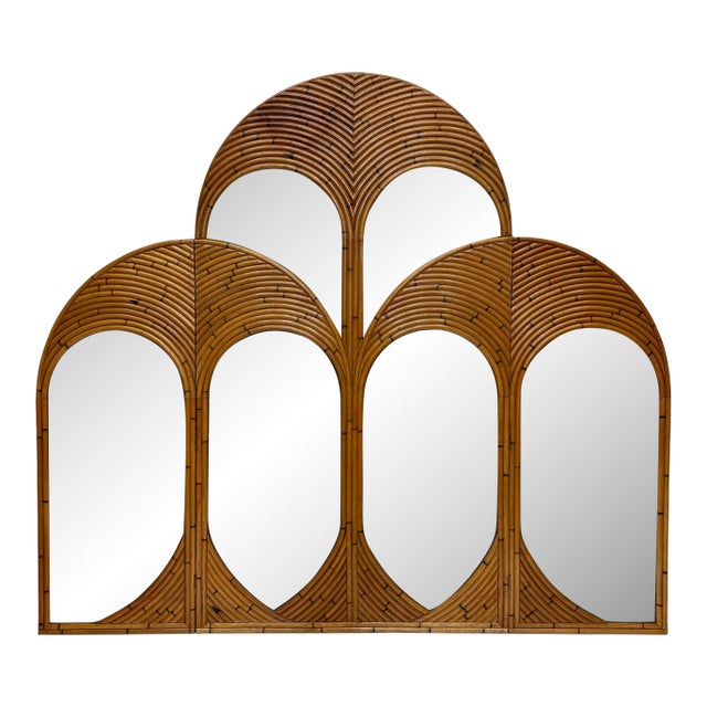 Vintage Crespi Style Rattan and Mirror Folding Arch Screen, 3 Panels For Sale