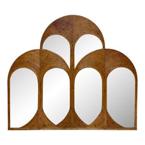 Vintage Crespi Style Rattan and Mirror Folding Arch Screen, 3 Panels