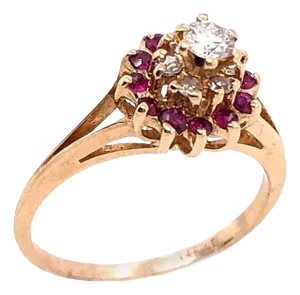 14 Karat Yellow Gold Diamond and Ruby Cluster Contemporary Ring 0.20 TDW, Size 6