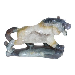 Large Gemstone Tiger Statue Agate With Crystal Geodes For Sale