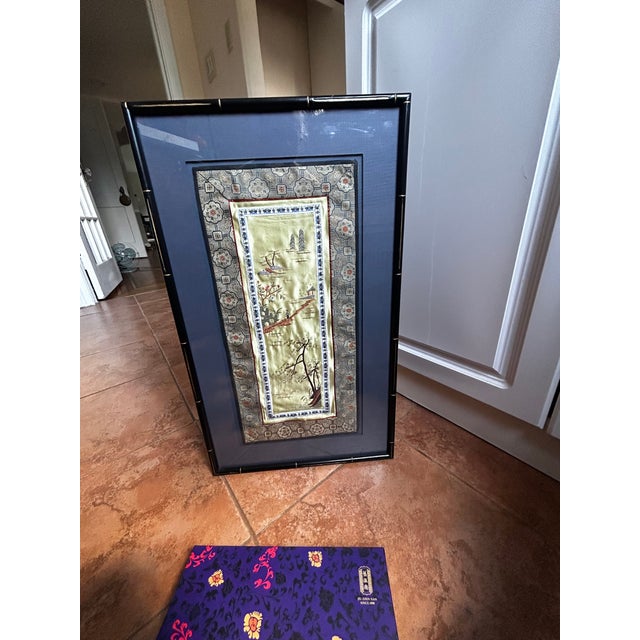 Chinoiserie Late 20th Century Chinese Silk Embroidery Panel Framed in Faux Bamboo - School of Tientsin Design L For Sale - Image 3 of 17