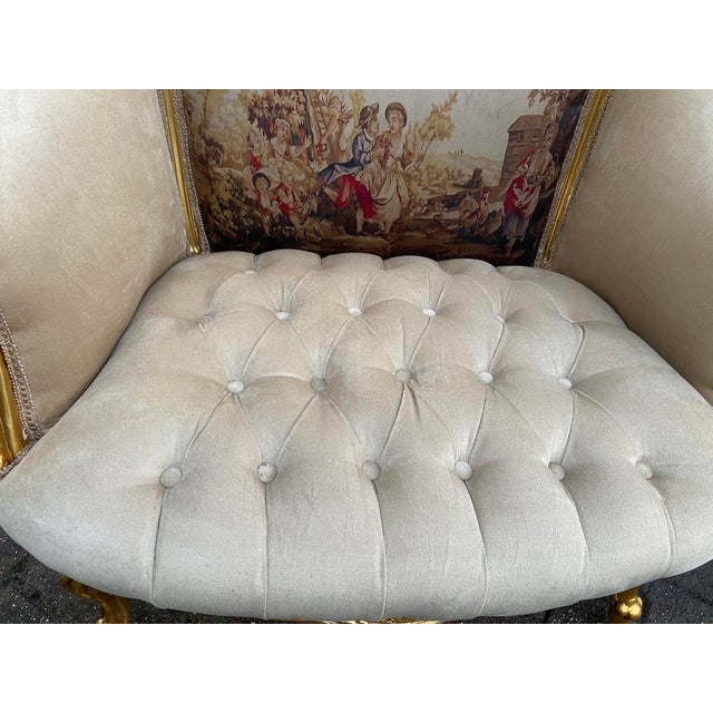 c.1900 French Marquise Gold Beech Velvet Loveseat For Sale - Image 6 of 13
