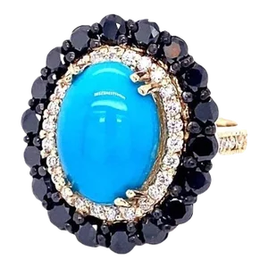 8.04 Carat Turquoise, Black Diamond 14K Yellow Gold Cocktail Ring Size 7