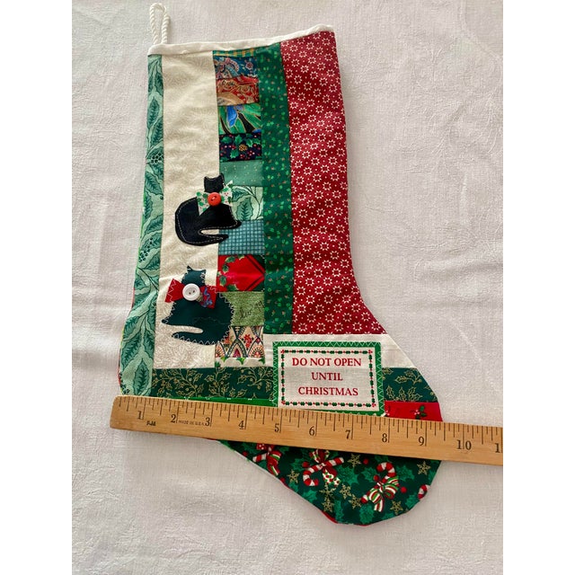 Vintage 1999 Signed "Lw" Primitive Folk Art Patchwork Christmas Stocking With Cat Applique Excellent Condition For Sale - Image 9 of 11
