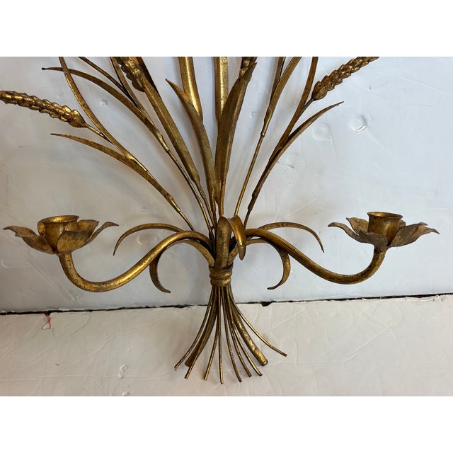 Pair of lovely Italian vintage gold iron tole wheat candle holders. Could be electrified.