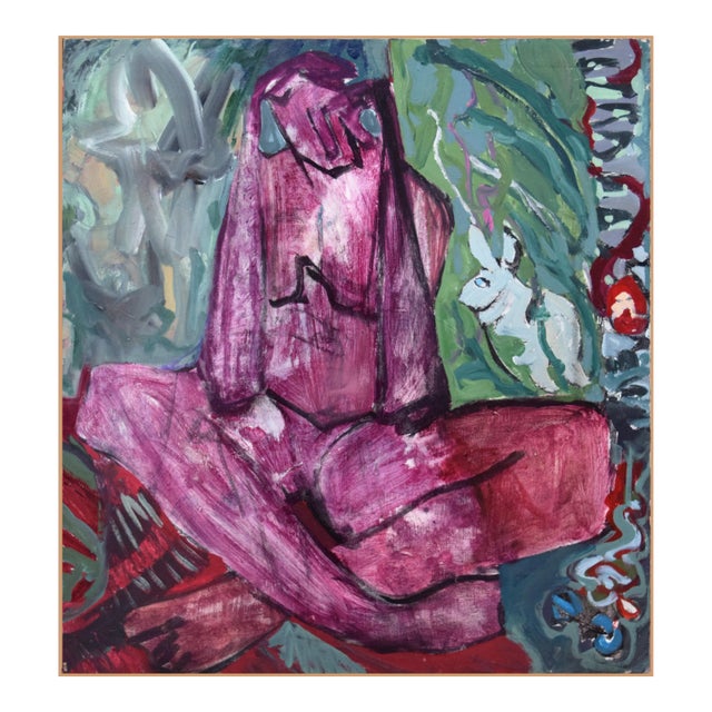Vintage Mid Century Modernist Figurative Abstract Painting of a Nude With a Rabbit For Sale