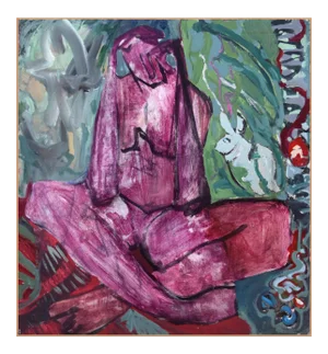 Vintage Mid Century Modernist Figurative Abstract Painting of a Nude With a Rabbit