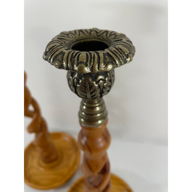 English Vintage English Oak Open Barley Twist Candlesticks - A Pair For Sale - Image 3 of 15