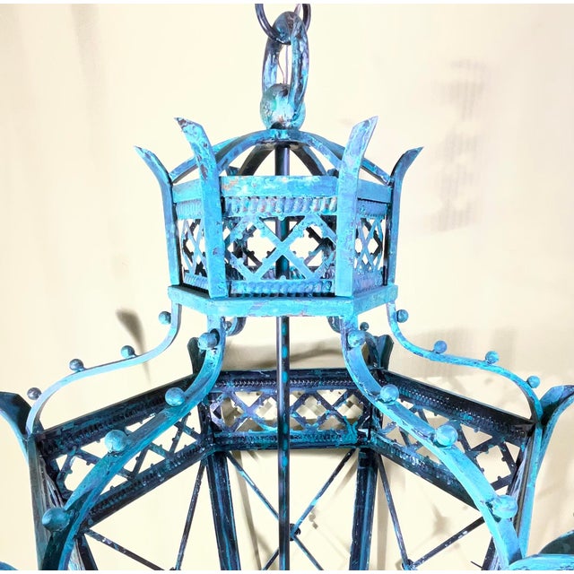 Exquisite Large Hand-Forged Iron Lantern – Verdigris Patina - 47” High X 24”Wide For Sale - Image 16 of 18