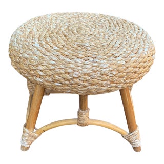 Vintage Franco Albini Style Bohemian Round Bamboo Wicker Rattan Stool / Plant Stand For Sale