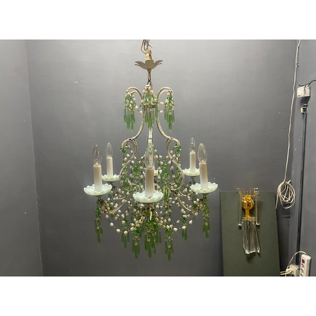 Opaline Glass Beaded Chandelier in Pastel Blue and Green Crystal Drops, 1950s For Sale - Image 14 of 15