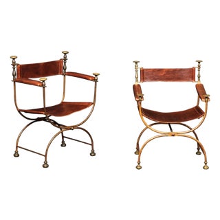 Italian Near-Pair Savonarola Chairs With Brown Leather For Sale