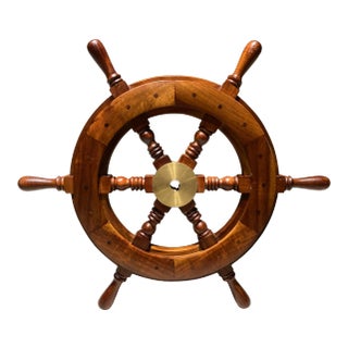 Mid 20th Century Scandinavian Solid Teak Yacht Wheel With Heavy Brass Hub For Sale