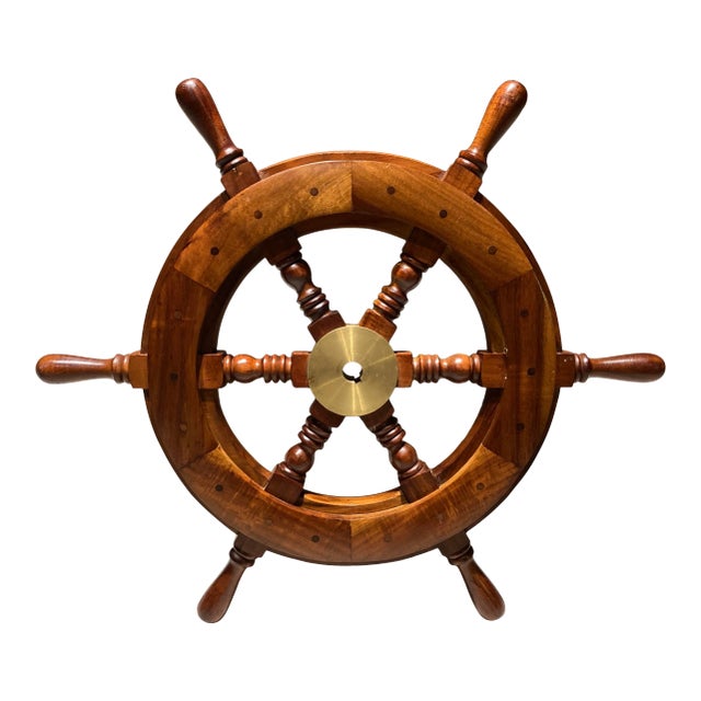 Mid 20th Century Scandinavian Solid Teak Yacht Wheel With Heavy Brass Hub For Sale