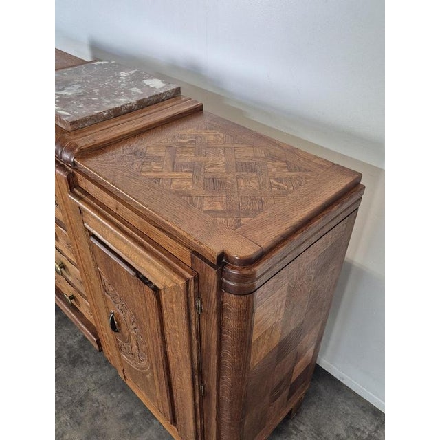 Metal Art Deco Sideboard in Carved Oak with Marble Top, 1930s For Sale - Image 7 of 9