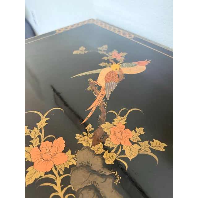 Vintage Black Lacquer Chinoiserie Cabinet With Hand-Painted Birds & Raised Relief Details For Sale - Image 4 of 10