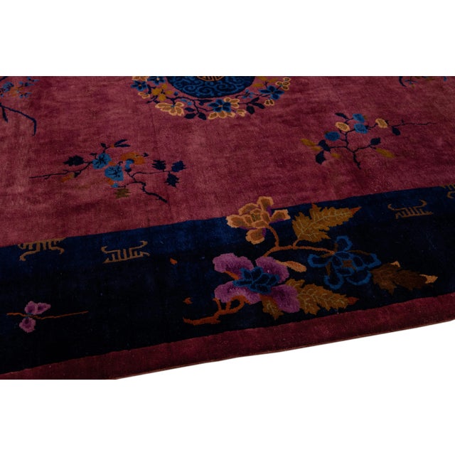 Textile Burgundy Antique Art Deco Handmade Chinese Floral Motif Wool Rug For Sale - Image 7 of 10