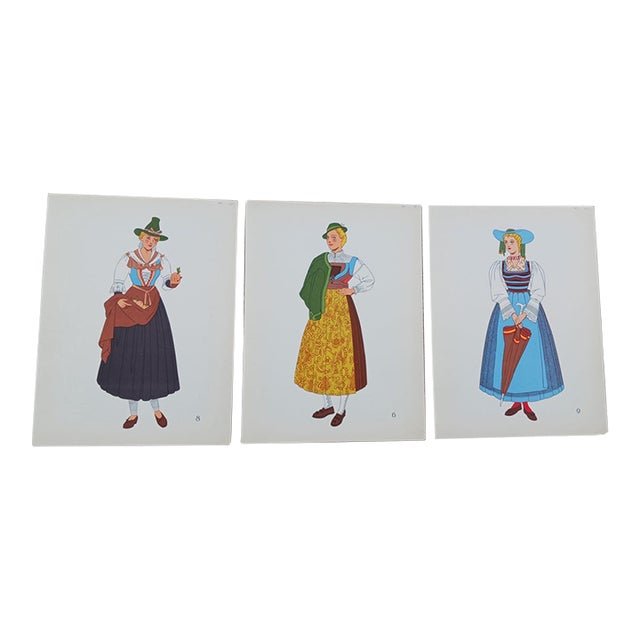 Vintage Austrian Female Folk Costumes Chromolithographs Porchoir Prints Collectible 1939 - Set of 3 For Sale
