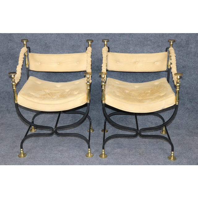 1940's Pair Italian Brass and Steel Jansen Style Savonarola Armchairs For Sale - Image 4 of 16