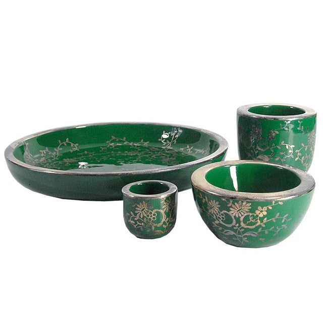 Silver Overlay Green Ceramic Set from C&P Firenze, Italy, 1950s, Set of 4 For Sale - Image 12 of 12