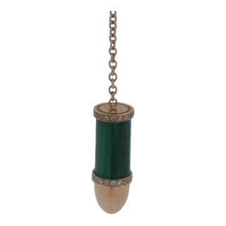Diamond Green Malachite Bullet 18 Karat Rose Gold Circle Drop Chain Earrings, A Pair For Sale