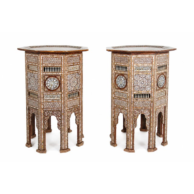 Turkish Pair of Large Antique Ottoman Moorish Abalone, Mother-of-Pearl and Bone Inlaid Pedestals, Circa 1880 For Sale - Image 3 of 13